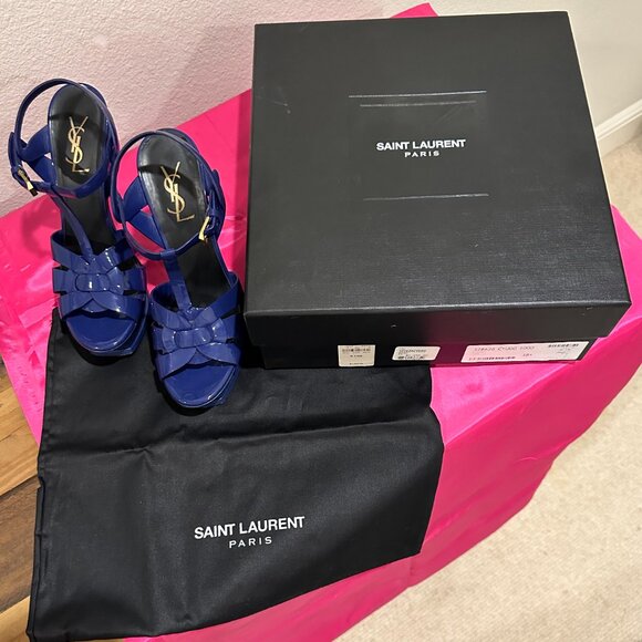 Saint Laurent YSL Tribute Blue Patent Leather Sandals, 38 - Picture 7 of 7